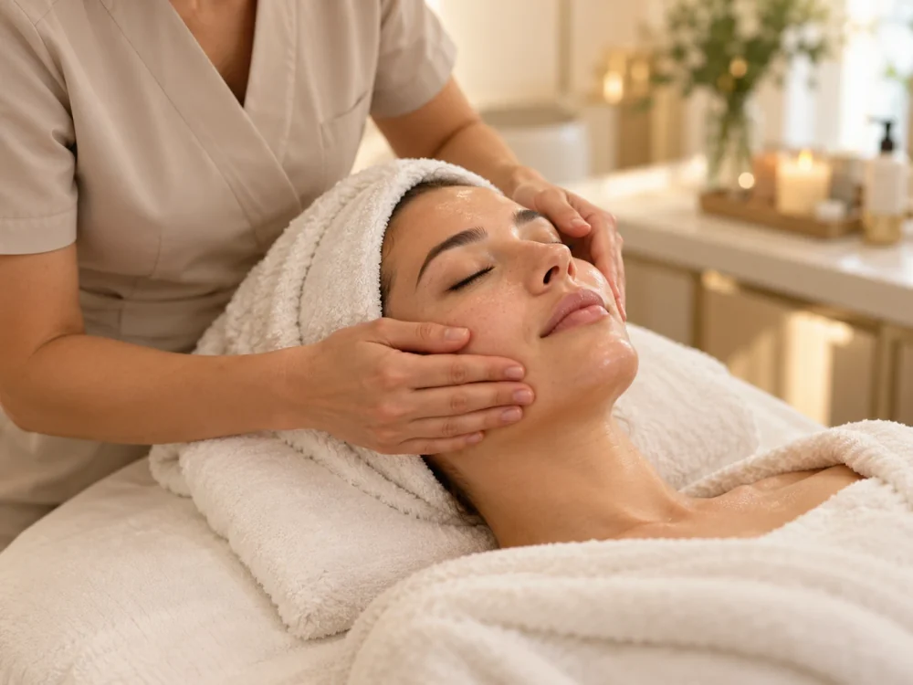Ілюстрація процедури: делікатний масаж обличчя в теплому beauty-просторі